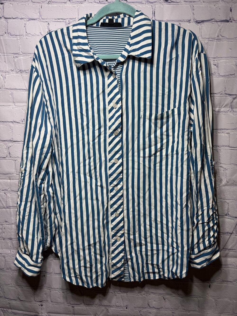 Jane & Delancey Womens Striped Long Sleeve Button Down Blue White Sz XL